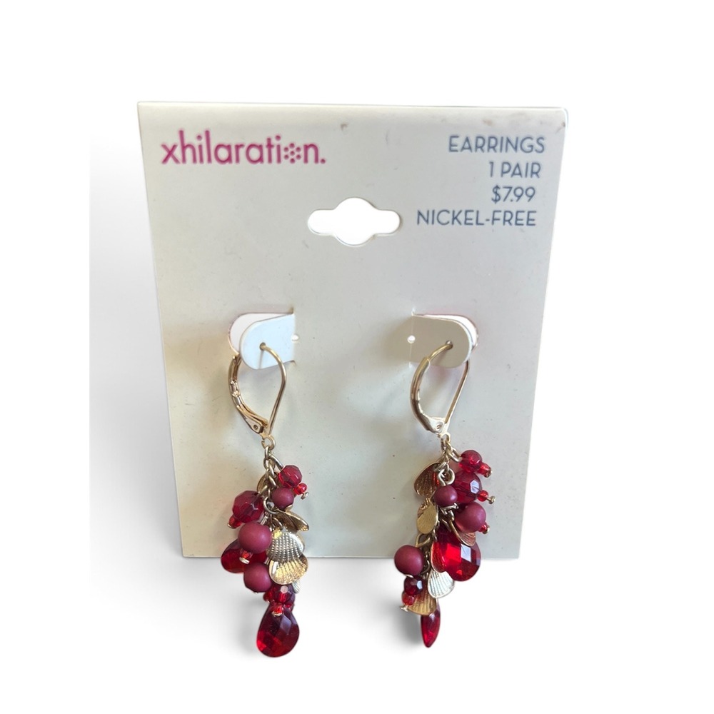 Xhilaration Red Beaded Cluster Drop Earrings Gold Tone Nickel Free Lever Back